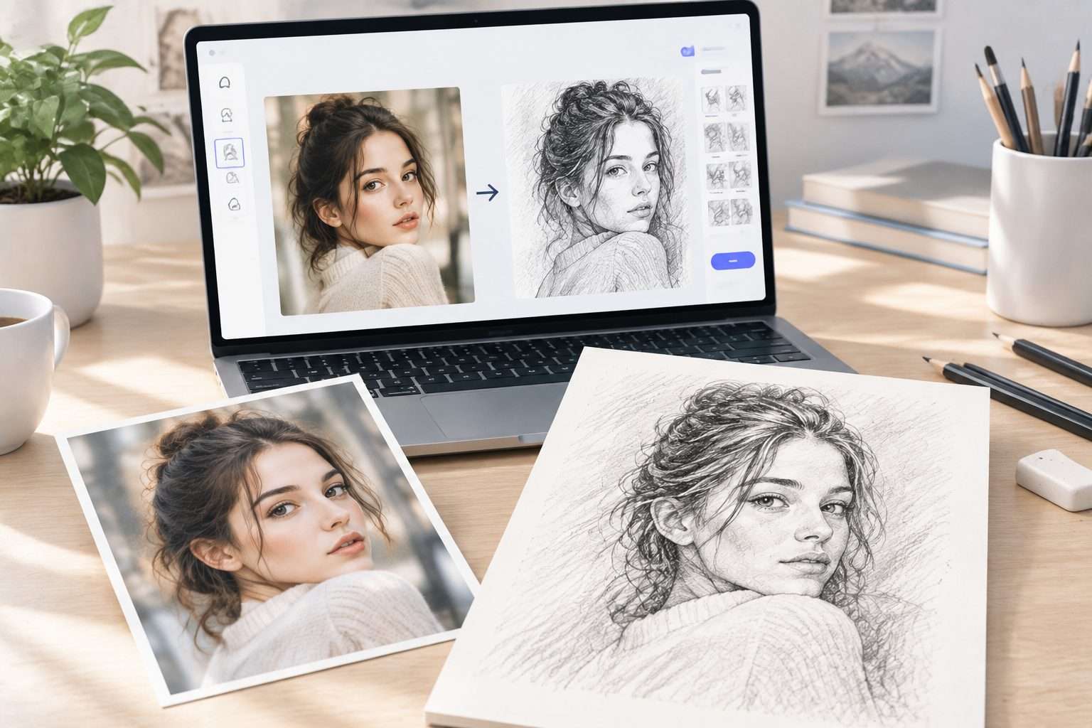 AI Pencil Drawing Generator turning a photo into a realistic pencil sketch